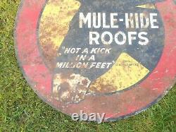 Vintage MULE HIDE ROOFS TIN METAL ROUND FARM ANIMAL ADVERTISING SIGN