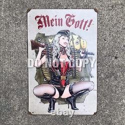 Vintage Mein Gott German Military Sexy Pinup Gunner Girl Tin Wall Plaque Sign