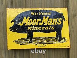 Vintage MoorMans Minerals Sign Feed Seed Gas Oil Farm Pig Tin Metal RARE
