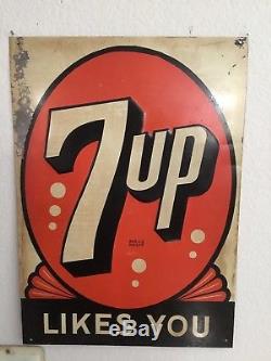 Vintage NOS 1920s-1930s Original Tin 7Up Likes You Sign Soda Stout Sign Co