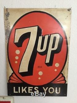 Vintage NOS 1920s-1930s Original Tin 7Up Likes You Sign Soda Stout Sign Co
