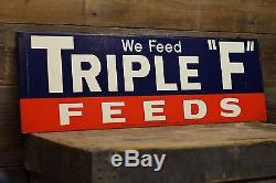 Vintage NOS TRIPLE F FEEDS Farm Barn Feed Mill Painted Tin Agriculture Sign