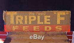 Vintage NOS TRIPLE F FEEDS Farm Barn Feed Mill Painted Tin Agriculture Sign
