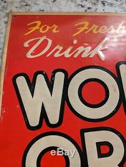 Vintage NOS WONDER ORANGE Soda Advertising Sign Crush Beverages Pop Tin Tacker