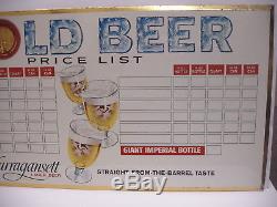 Vintage Narragansett Lager Beer Cold Beer Price List Tin Litho Sign Cranston RI