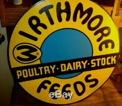 Vintage Nos Large Wirthmore Farm Feeds Round Tin Metal Sign