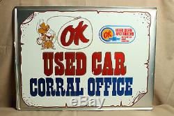 Vintage OK Used Car Corral Office Double Sided Tin Flange Chevrolet Sign