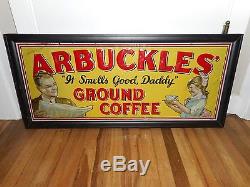 Vintage ORIGINAL Arbuckles COFFEE Tin Embossed Advertising SIGN GREAT GRAPHICS