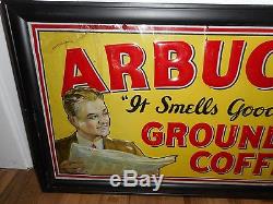 Vintage ORIGINAL Arbuckles COFFEE Tin Embossed Advertising SIGN GREAT GRAPHICS