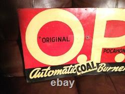 Vintage O P Original Pocahontas Automatic Coal Burner Tin Sign 26x16