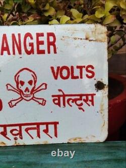 Vintage Old Enamel Porcelain 33000 Volts Danger Warning Indian Tin Sign Board