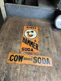 Vintage Old Original Arm & Hammer Soda Cow Brand Soda Metal Tin Tacker Signs USA