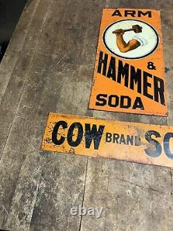 Vintage Old Original Arm & Hammer Soda Cow Brand Soda Metal Tin Tacker Signs USA