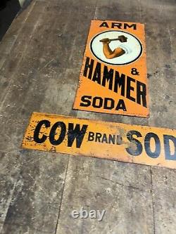 Vintage Old Original Arm & Hammer Soda Cow Brand Soda Metal Tin Tacker Signs USA