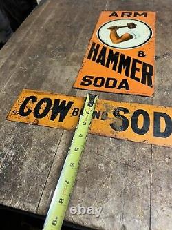 Vintage Old Original Arm & Hammer Soda Cow Brand Soda Metal Tin Tacker Signs USA