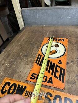 Vintage Old Original Arm & Hammer Soda Cow Brand Soda Metal Tin Tacker Signs USA