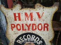 Vintage Old Original Hmv Polydor Records Cut Out Tin Sign 52.5 X 27.5 Inch 1970