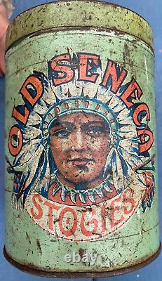 Vintage Old Seneca Stogies Tobacco Tin Can With Indian Graphic Sign cigars