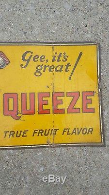 Vintage Orange Squeeze Embossed Tin Sign Soda Bottle Gee Its Great Crush