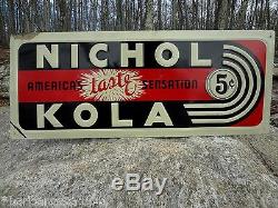 Vintage Original 1930's 1940's EMBOSSED TIN SIGN NICHOL KOLA Cola Metal Soda