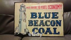 Vintage Original 1930's Blue Beacon Coal Embossed Tin Metal SignRARE