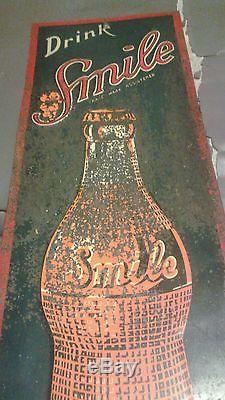 Vintage Original 1930's Smile Soda Embossed Tin Metal SignRARE
