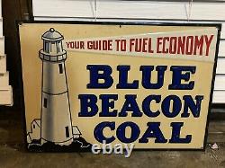Vintage Original 1930s Blue Beacon Coal embossed tin Soda Sign