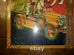 Vintage Original 1933 RARE Drink Moxie Tin over Cardboard Sign with Horse & Car