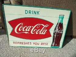 Vintage Original 1947 Coca Cola Fishtail & Bottle Dealer Display Sign Tin Litho