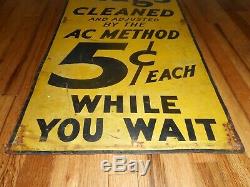 Vintage Original 5 Cent AC SPARK PLUGS CLEANED Tin Advertising Gas Station SIGN