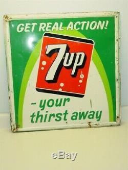Vintage Original Advertising 7 Up Sign, Pop Soda, Tin Stout, 1963