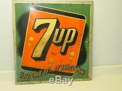 Vintage Original Advertising 7 Up Sign, Pop Soda, Tin Stout, 2-48