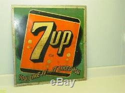 Vintage Original Advertising 7 Up Sign, Pop Soda, Tin Stout, 2-48