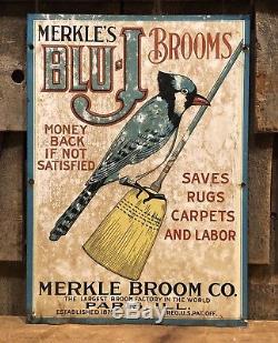 Vintage Original BLU-J BROOMS Tin Embossed General Country Store Rack Sign