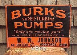 Vintage Original BURKS PUMPS Maine Tin Embossed American Art Works Sign
