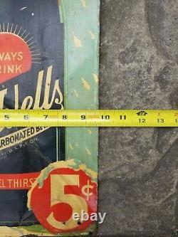 Vintage Original Drink Dr. Wells Soda Pop Sign Painted Tin Tacker 5 Cents