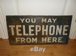 Vintage Original Enamel You May Telephone From Here Double Sided Sign Metal Tin