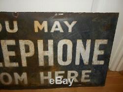 Vintage Original Enamel You May Telephone From Here Double Sided Sign Metal Tin