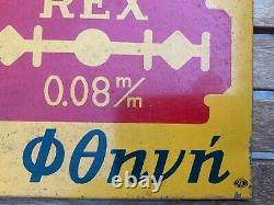 Vintage Original Greek Tin Metal Advertising Sign REX RAZORS 1960s