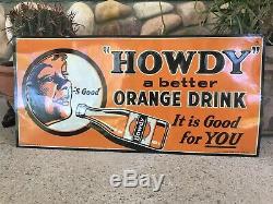 Vintage Original Howdy Orange Drink Soda Pop Embossed Tin Tracker Sign