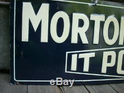 Vintage Original MORTON'S SALT IT POURS Embossed Metal Tin Sign 28 x 10