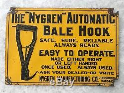 Vintage Original Nygren Bale Hook Farm Equipment Embossed Tin Sign 9.5x14