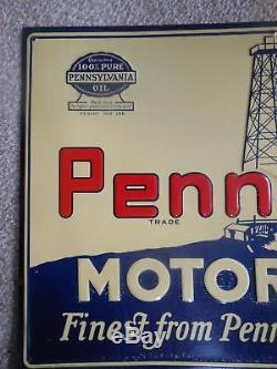 Vintage Pennfield Motor Oil Embossed Tin Advertising Sign Rare Gas NOS Quaker