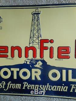 Vintage Pennfield Motor Oil Embossed Tin Advertising Sign Rare Gas NOS Quaker