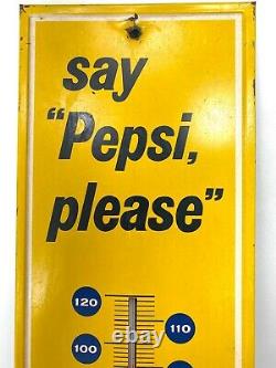 Vintage Pepsi Cola Say Please Tin Advertising thermometer 28 Yellow WORKS Sign