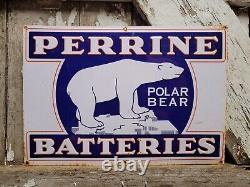 Vintage Perrine Sign Old Battery Polar Bear Metal Tin Tacker Gas Oil Advertising