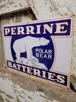 Vintage Perrine Sign Old Battery Polar Bear Metal Tin Tacker Gas Oil Advertising