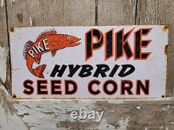Vintage Pike Sign Hybrid Corn Seed Tin Tacker Farm Tractor Livestock Cow Fish