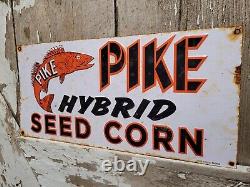 Vintage Pike Sign Hybrid Corn Seed Tin Tacker Farm Tractor Livestock Cow Fish