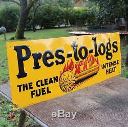 Vintage Pres-to-logs Clean Fuel Heat Embossed Tin Sign Fire Store Display Scioto